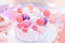 Party decoration birthday or wedding cake. pink and violet colors sugar chocolate sphere