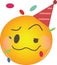 Party emoji celebrating birthday in a red hat and confetti flying around! Yellow face with a red party hat, crumpled mouth, one