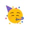 Party emoji. Happy face with birthday hat and confetti. Vector