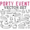 Party Event Vector Set with cupcakes, food, snacks, drinks, banners, and candles