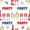 Party flip flop shoe seamless vector pattern background. Red, blue, white backdrop with text, sandals, champagne bottles