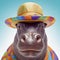 Party hippo wearing colorful rainbow summer hat isolated over blue white background. Created with generative Ai