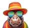 Party hippo wearing colorful rainbow summer hat and sunglasses isolated over white background. Created with generative Ai