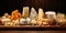 Party hors d'oeuvre platter assorted cheeses and fruits from above. Generative AI