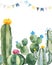 Party invitation with green watercolor cactus,succulents,flowers and multicolored garlands.