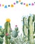 Party invitation with green watercolor cactus,succulents,flowers and multicolored garlands