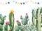 Party invitation with green watercolor cactus,succulents,flowers and multicolored garlands