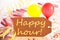 Party Label, Balloon, Streamer, Text Happy Hour