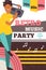 Party music retro flayer with smiling exciting boy character. Disco poster. Vector funky design. Concert nightclub