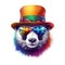 Party panda wearing bright and colorful hat and stylish sunglasses isolated over white background. Created with generative Ai