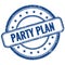 PARTY PLAN text on blue grungy round rubber stamp