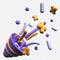 Party popper icon with confetti. Exploding party popper. Birthday and anniversary cone popper. Firecracker explodes. 3d render