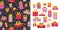 Party presents set with seamless pattern and cute gift boxes elements