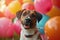 Party pup Dog sits amidst vibrant balloons and festive decor