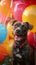 Party pup Dog sits amidst vibrant balloons and festive decor