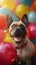 Party pup Dog sits amidst vibrant balloons and festive decor