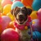 Party pup Dog sits amidst vibrant balloons and festive decor