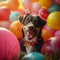 Party pup Dog sits amidst vibrant balloons and festive decor