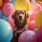 Party pup Dog sits amidst vibrant balloons and festive decor