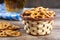 Party Snack - Salted Hard Pretzels on a wooden table