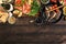 Party table with shrimp, fish grilled, salad, snacks, white wine