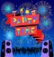 Party time lettering on banner. Disco clud poster with loudspickers, music, dancind people, fireworks