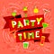 Party time lettering. Nightclub invitation. Cocktail party background in cartoon style.