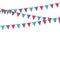 Party triangle bunting flags hanging on the rope. Colorful flag - green, purple, red