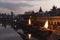 Pashupatinath temple complex on Bagmati River in the evening. Funeral pyres. Kathmandu Valley, Nepal