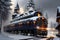 The Passage of a Motorized Locomotive Through a Snow Covered Town. AI generated