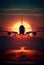 Passenger airliner takes off at sunset. AI generated.