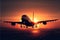 Passenger airliner takes off at sunset. AI generated.