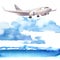 Passenger airplane in blue sky and cloud, flying jet, airliner landing over the sea, travel or vacation concept, hand