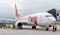 Passenger airplane Boeing 737 of T `way Air prepares for departure. Engineers check aircraft systems. Service and maintenance