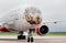 Passenger airplane Boeing 777-300 of Rossiya Airlines on the runway. Fuselage is painted as a face of Far Eastern leopard.