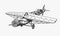 Passenger airplane corncob or plane aviation travel illustration. Engraved hand drawn in old sketch style, vintage