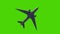 Passenger airplane flying on green screen background. Bottom view
