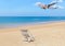 Passenger airplane flying landing above tropical beach with white wooden beach chair