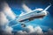 Passenger airplane flying in the sky, over the cloudy sky. Passengers commercial airplane flying above clouds. generative ai