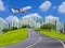 Passenger airplane landing above modern city with asphalt road