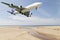 Passenger airplane landing , blue sky and sea background.