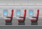 Passenger airplane red vector interior. Aircraft indoor cabin with portholes and chairs seats. Vector illustration.