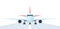 Passenger airplane on runway, front view. Flat vector illustration of aeroplane with portholes, wings and engines