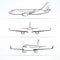 Passenger airplane silhouettes, contours, outlines