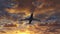 Passenger airplane take off on a background of the scenic yellow sunset sky