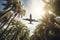 Passenger airplane tropical palm. Generate Ai