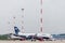 Passenger airplanes Airbus A319 of Aurora Airlines on airfield in cloudy day. Aviation and transportation