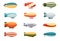 Passenger airships set. Bright colored cigar shaped balloons retro zeppelin with stripes cabins for people elongated