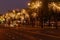 Passenger bus drives past trees decorated with festive lights. Street of the night city