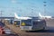 Passenger buses parked in a row parked at the airport